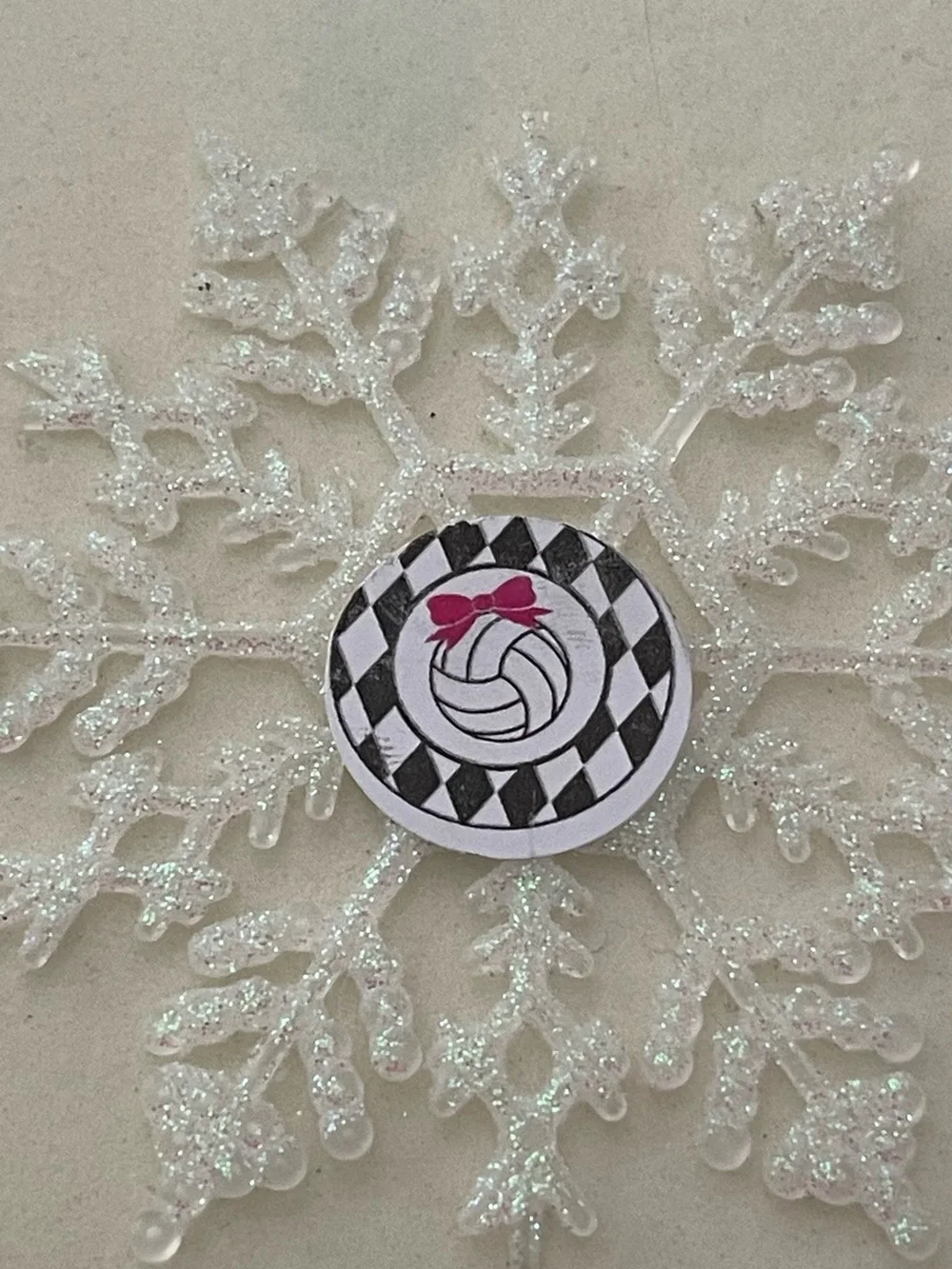 Glitter Snowflake Ornament with Pink-Bowed Volleyball Center